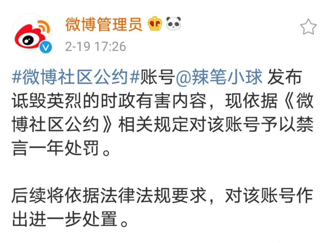 辣笔小球 侮辱卫国戍边英雄言论 _ 辣笔小球 被禁言一年处理 _辣笔小球 赵丽颖